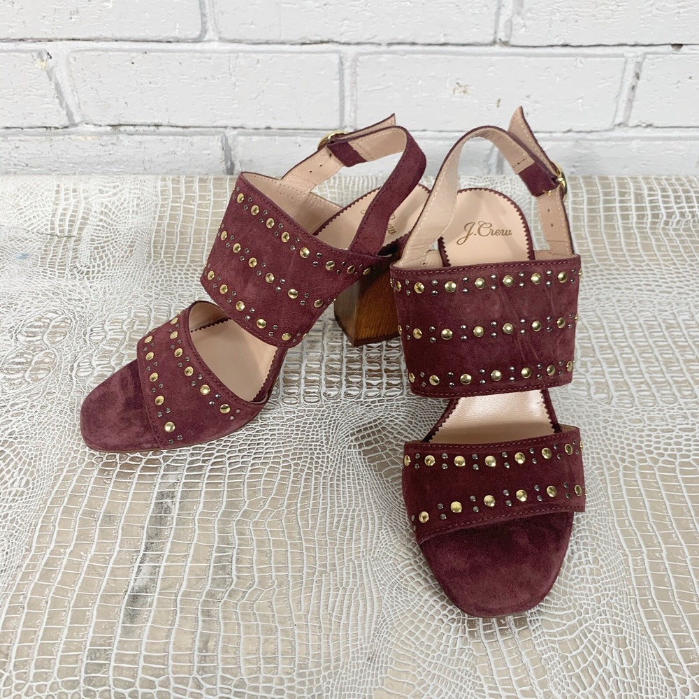 J.Crew Burgundy Suede Studded Block Heel Sandals Made in Italy Size 8